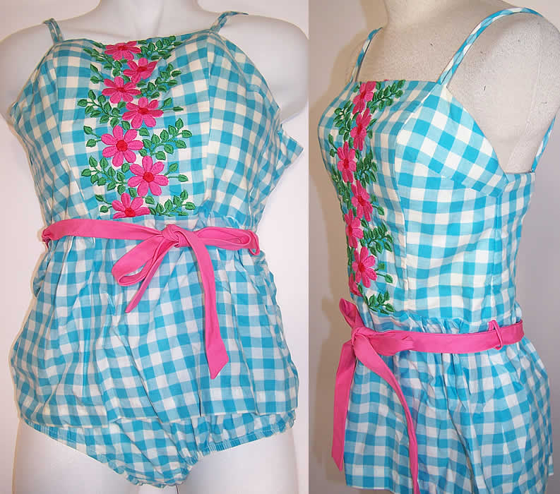 Vintage Two Piece Blue White Gingham Check Floral Embroidered Swimsuit