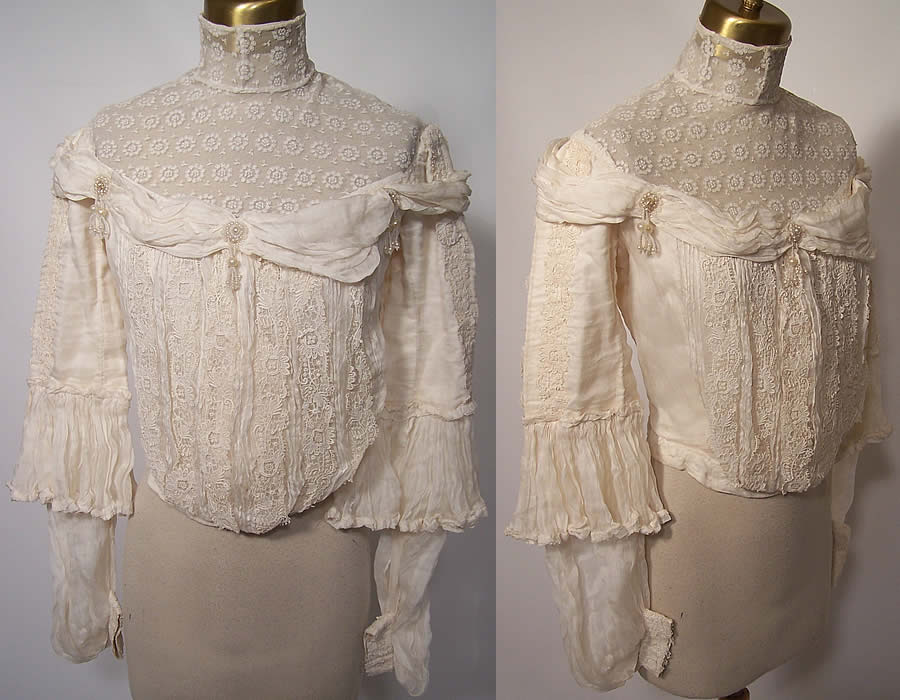 Edwardian Cream Silk Lace Net Beaded Bridal Wedding Bodice Blouse