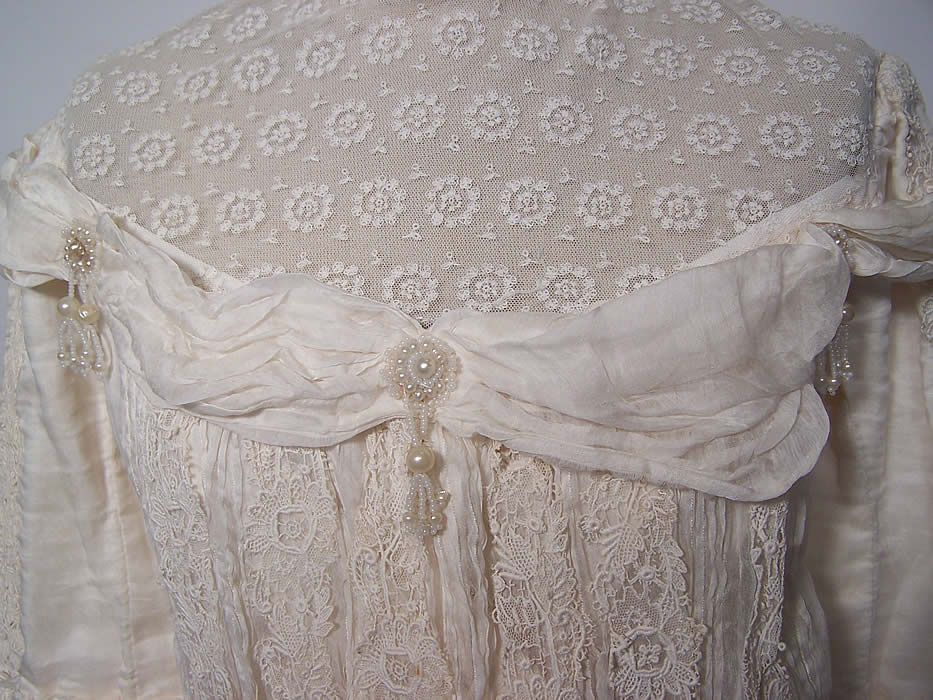 Edwardian Cream Silk Lace Net Beaded Bridal Wedding Bodice Blouse close up