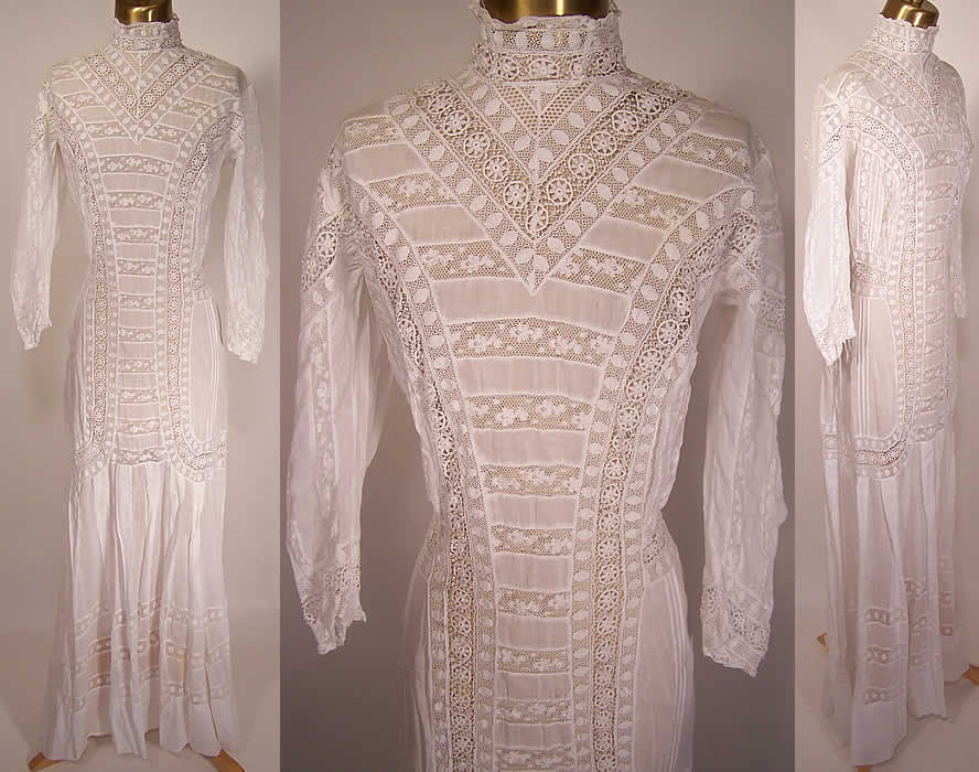 Victorian High Collar White Cotton Batiste Lace Lawn Graduation Dress