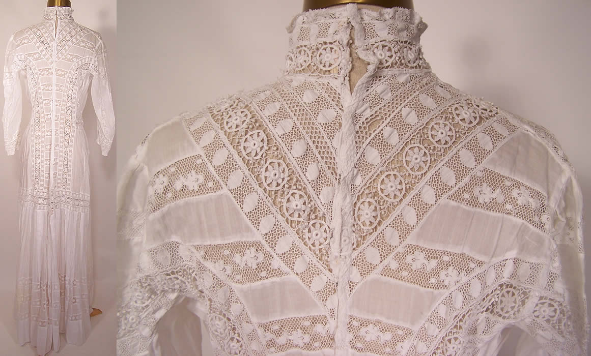 Victorian High Collar White Cotton Batiste Lace Lawn Graduation Dress 2 back view.