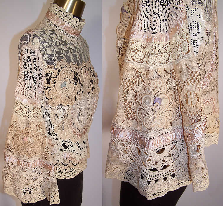 Vintage Antique Ecru Lace Pink Silk Rosette Trim Victorian Inspired Blouse Top 2 side views