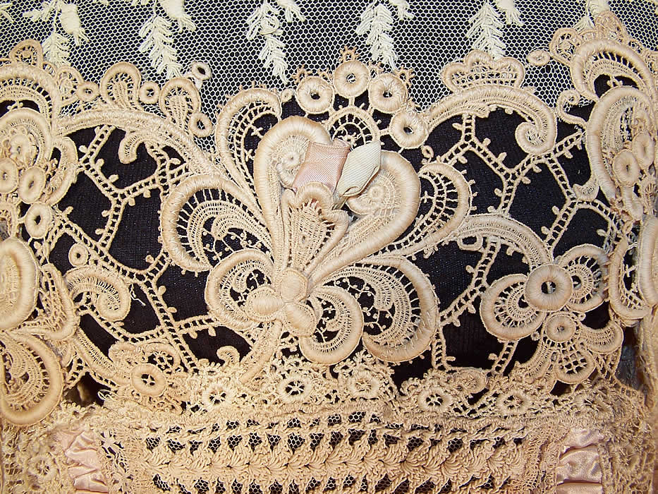 Vintage Antique Ecru Lace Pink Silk Rosette Trim Victorian Inspired Blouse Top close up.
