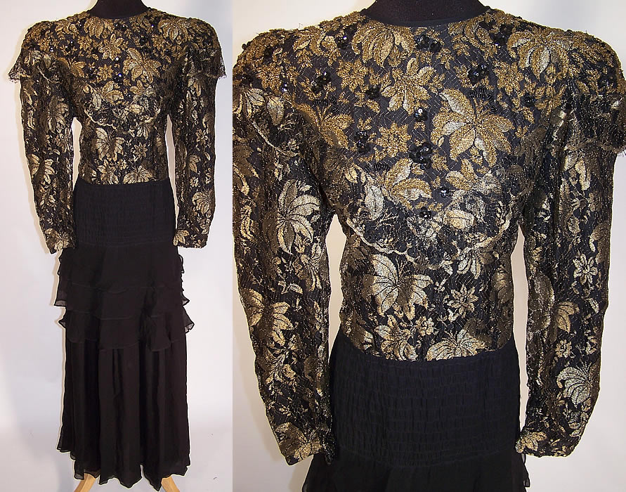Vintage Diane Freis Black Silk Gold Lace Beaded Evening Gown Dress