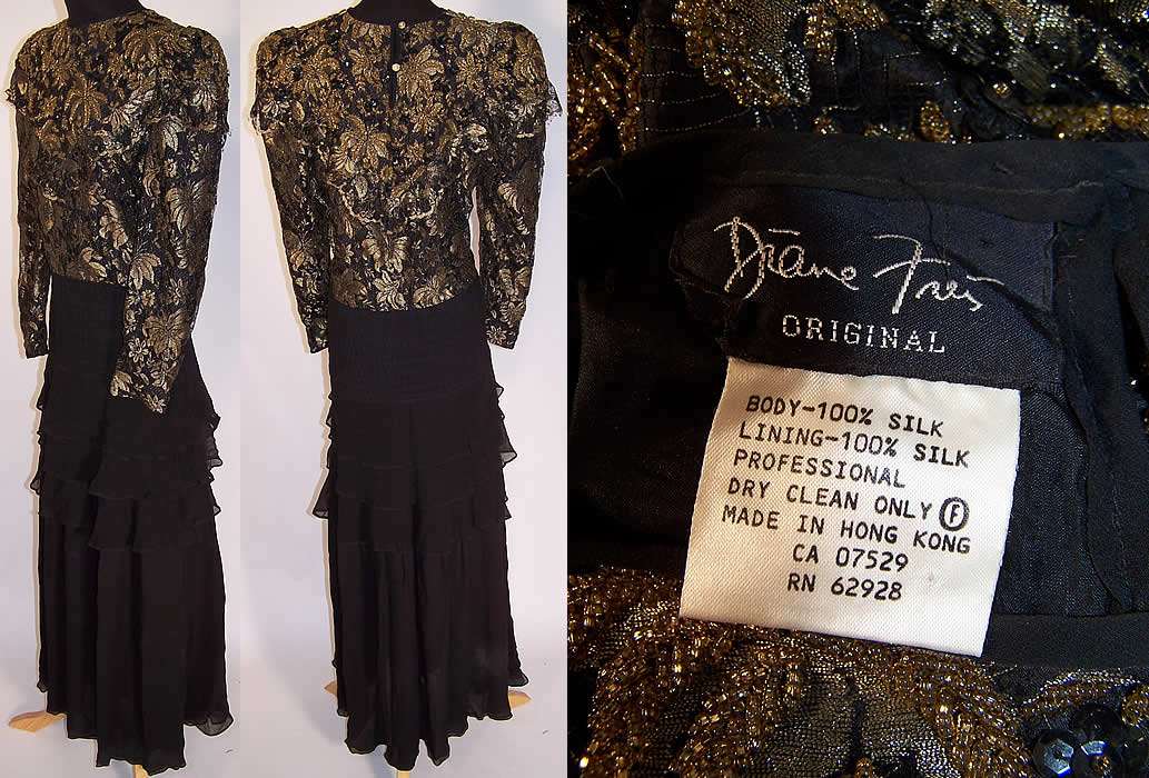 Vintage Diane Freis Black Silk Gold Lace Beaded Evening Gown Dress