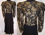 Vintage 1980s Diane Freis Black Silk Gold Lace Beaded Evening Gown Dress