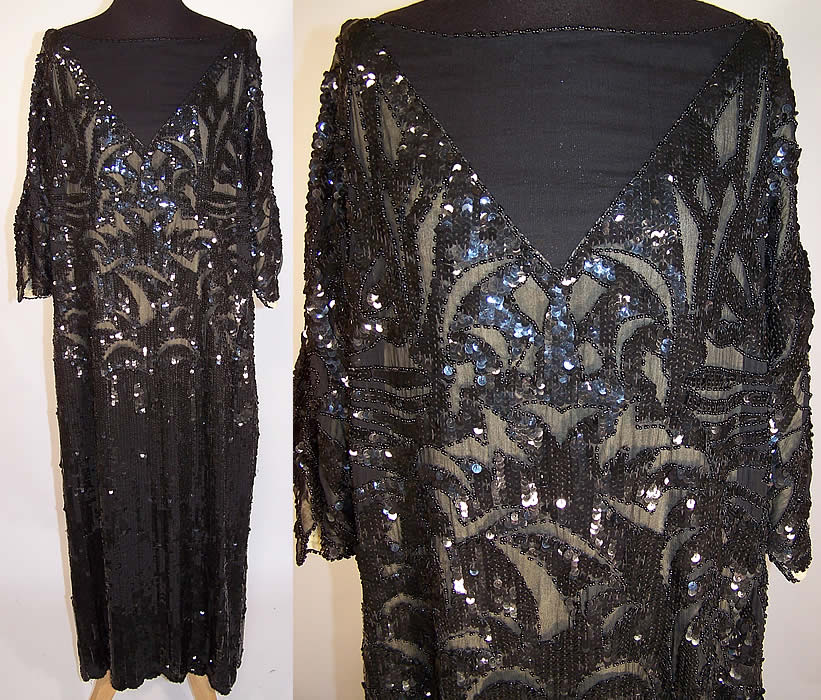 Vintage Art Deco Inspired Black Silk Sequin Beaded Flapper Dress