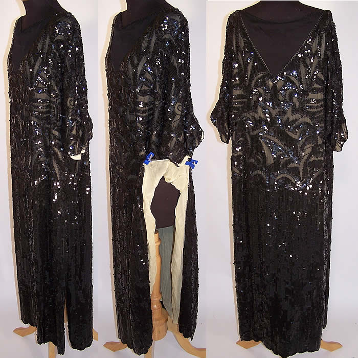 Vintage Art Deco Inspired Black Silk Sequin Beaded Flapper Dress
