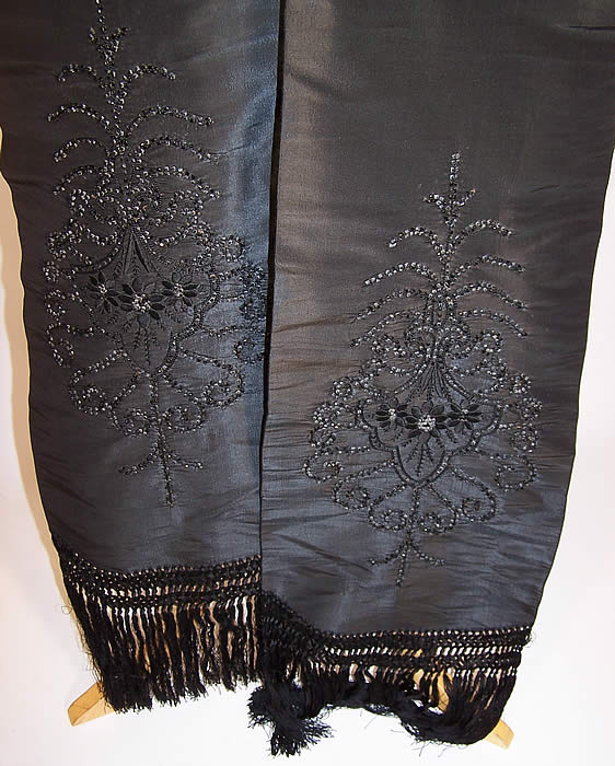 Victorian Black Silk Embroidered Beaded Fringe Mourning Scarf Shawl Stole