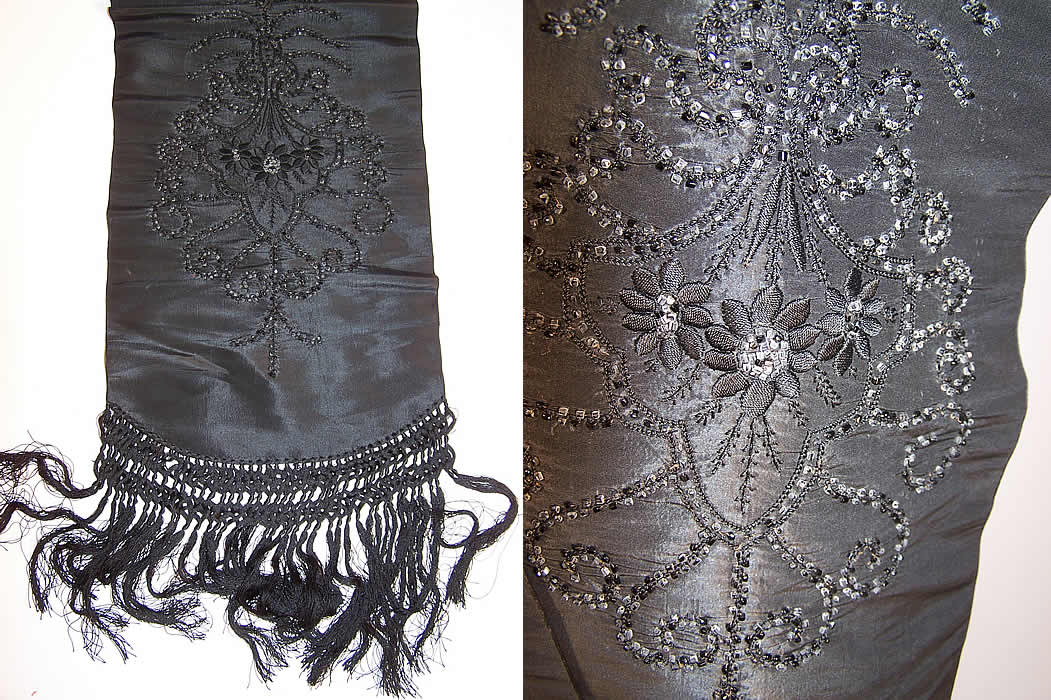 Victorian Black Silk Embroidered Beaded Fringe Mourning Scarf Shawl Stole