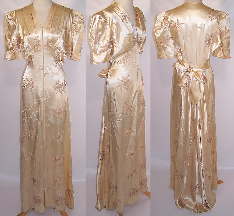 Vintage White Satin Tambour Embroidery Negligee Peignoir Robe Dressing Gown