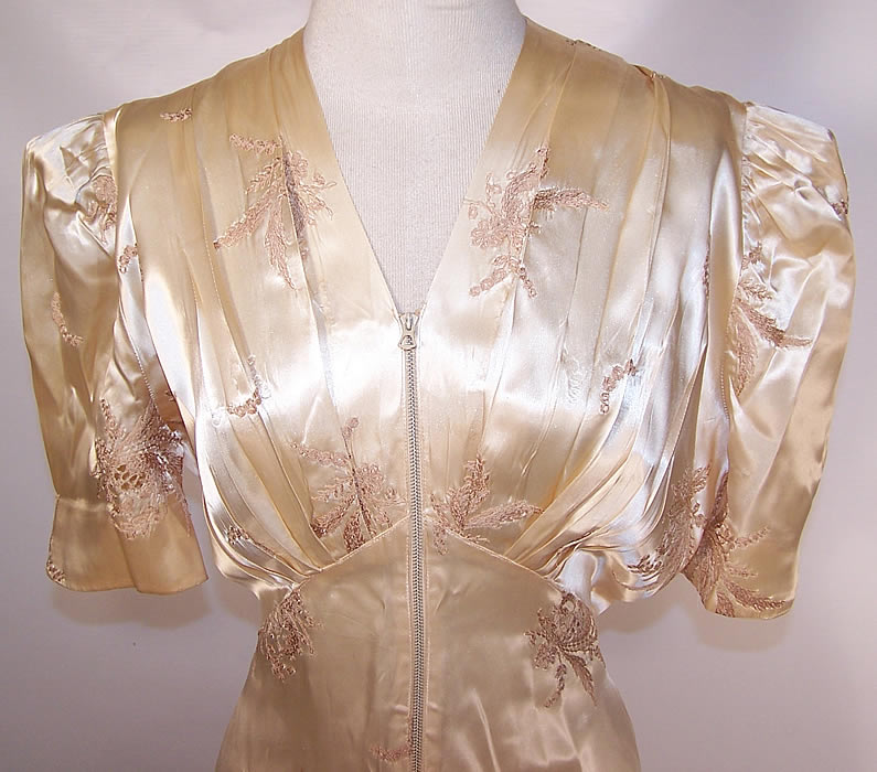 Vintage White Satin Tambour Embroidery Negligee Peignoir Robe Dressing Gown close up