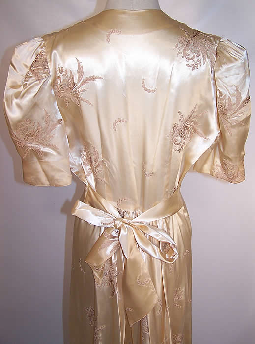 Vintage White Satin Tambour Embroidery Negligee Peignoir Robe Dressing Gown back view