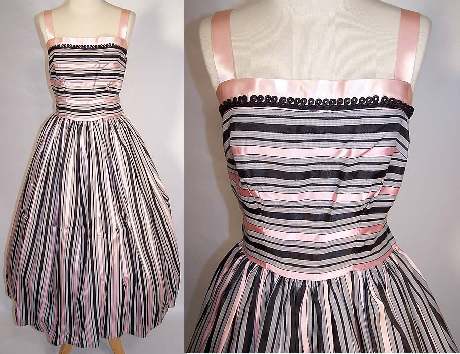 Vintage Pink & Black Stripe Silk Satin Ribbon Circle Skirt Party Dress