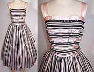 Vintage 1950s Pink & Black Stripe Silk Satin Ribbon Circle Skirt Party Dress