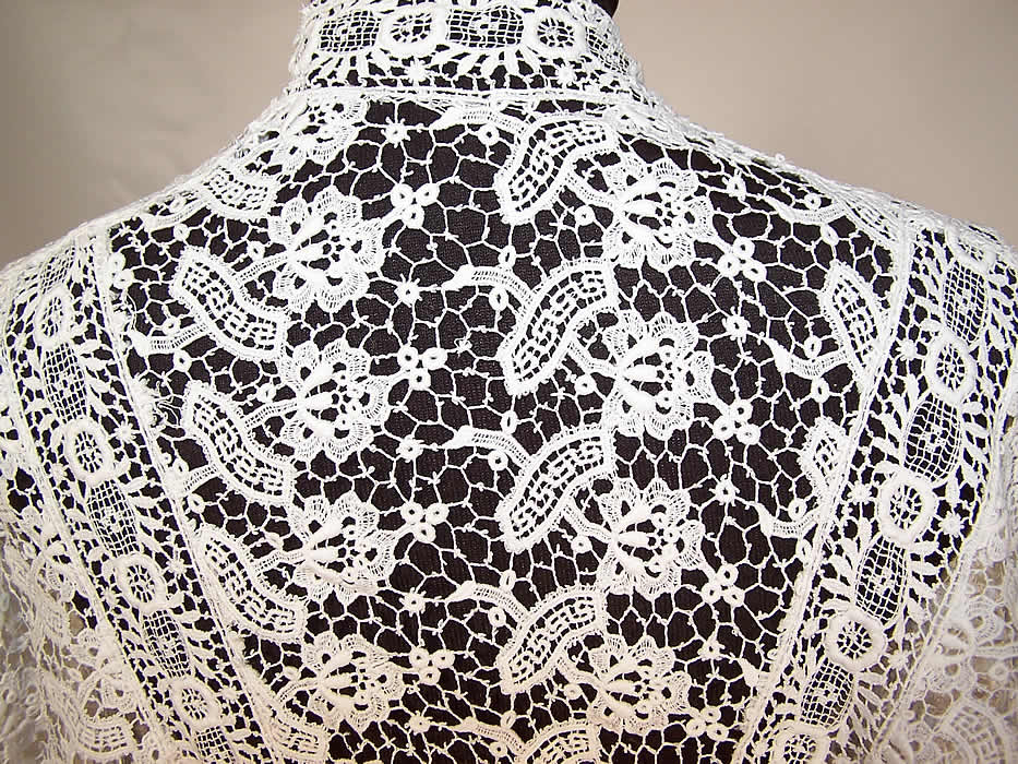 Edwardian Antique White Lace Cutaway Tailcoat Jacket close up back view.