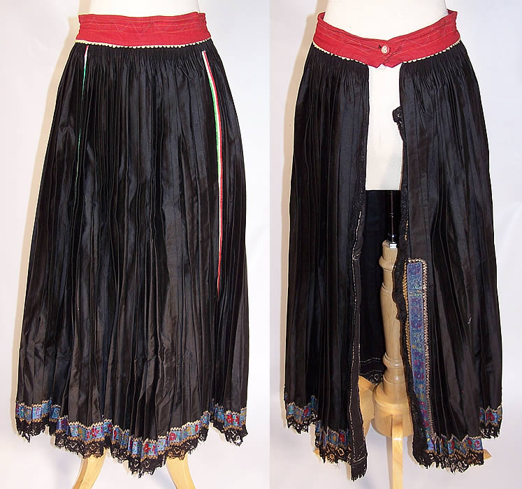 Vintage Czech Bohemia Folk Costume Black Pleated Brocade Ribbon Skirt