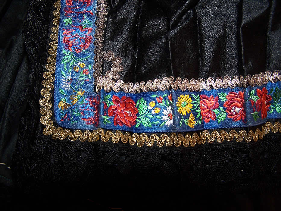 Vintage Czech Bohemia Folk Costume Black Pleated Brocade Ribbon Skirt close up