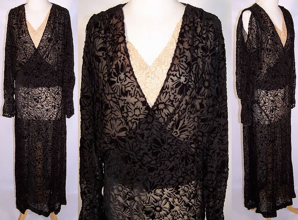 Vintage Floral Black Silk Voided Velvet Bias Cut Dress