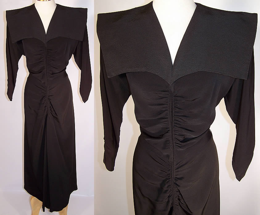 Vintage Stann California Modes Batwing Collar Black Silk Crepe Cocktail Dress