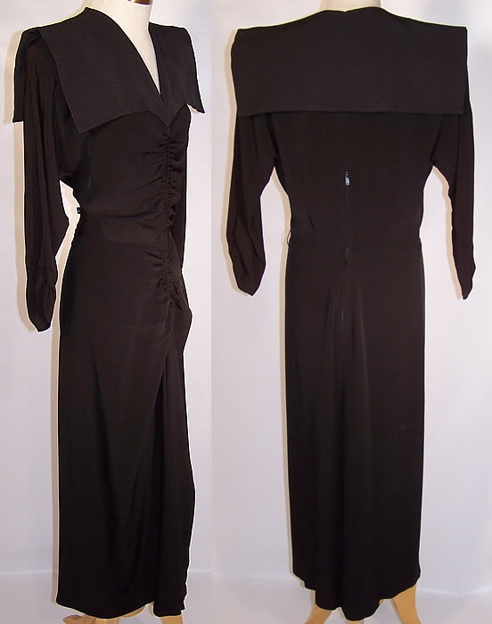 Vintage Stann California Modes Batwing Collar Black Silk Crepe Cocktail Dress side & back views