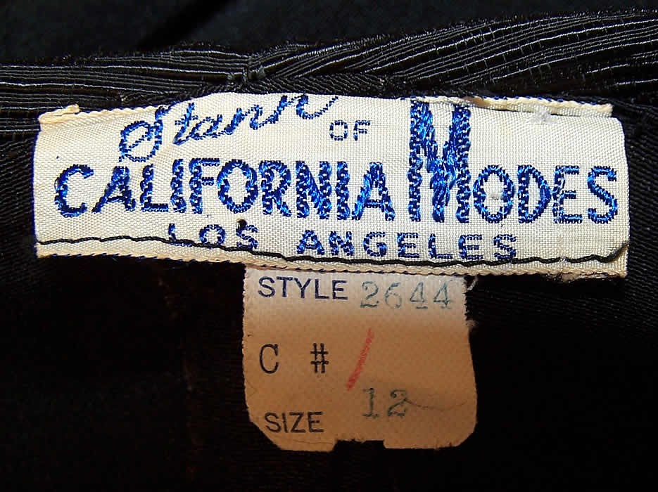Vintage Stann California Modes Batwing Collar Black Silk Crepe Cocktail Dress label close up