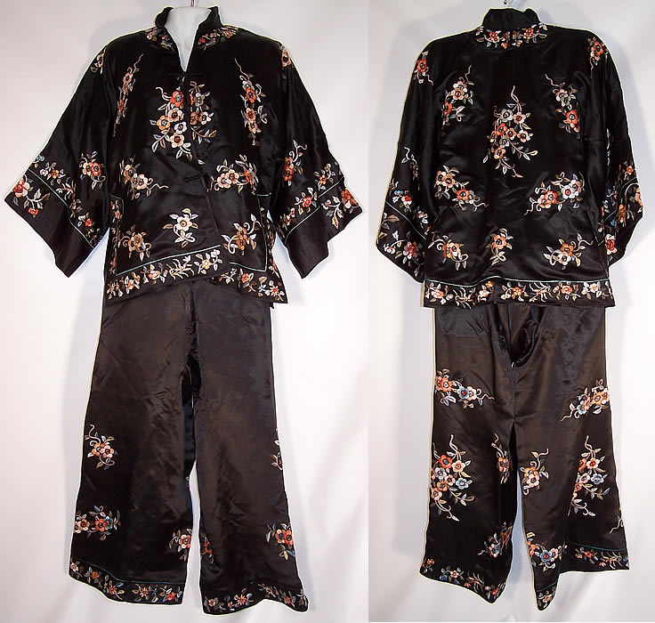 Vintage Chinese Silk Embroidered Floral Cherry Blossom Pajama Lounge Set