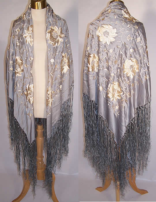 Vintage Pastel Blue & White Silk Floral Embroidered Fringe Piano Shawl