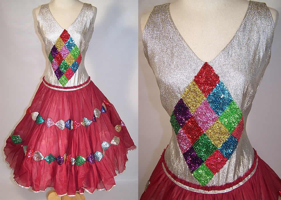 Vintage Silver Metallic Sequin Tulle Net Circle Skirt Dance Costume Dress