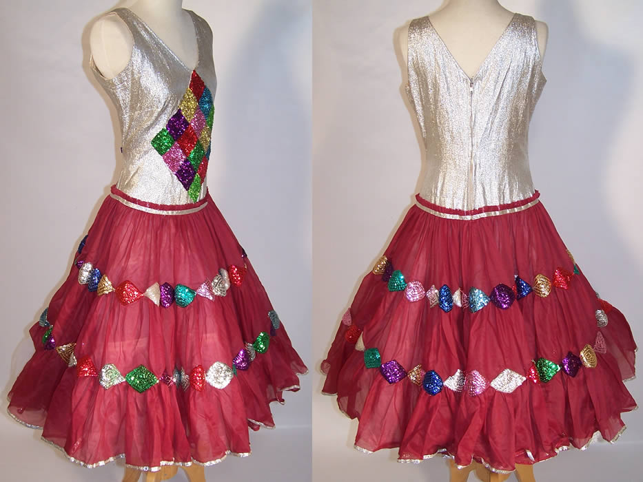 Vintage Silver Metallic Sequin Tulle Net Circle Skirt Dance Costume Dress side & back views