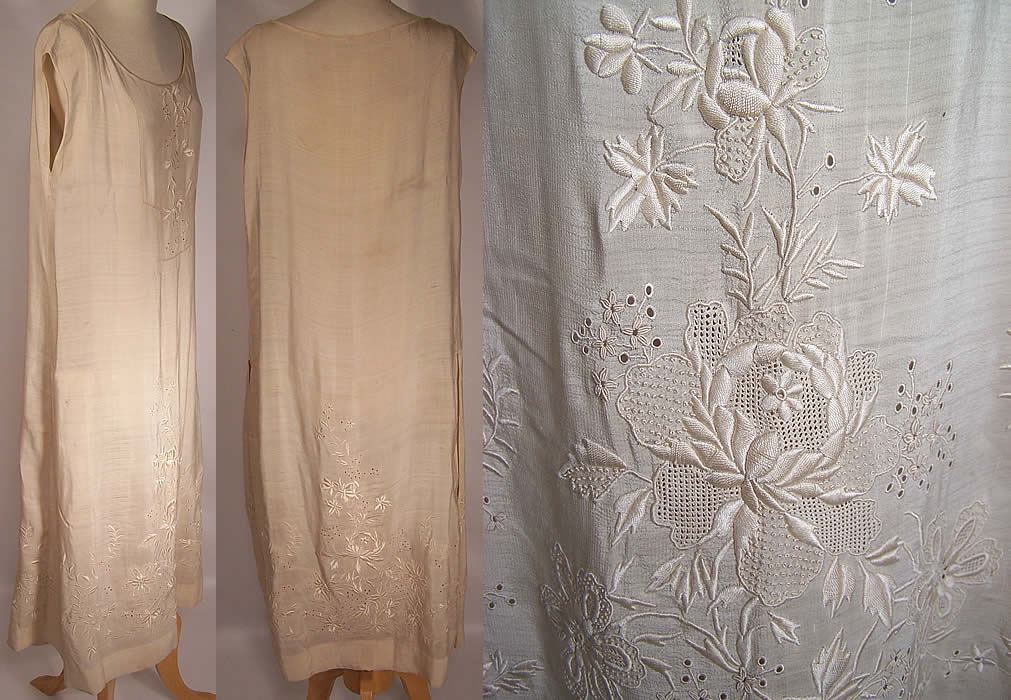 Vintage Cream Silk Embroidered Negligee Nightgown Chemise Slip Dress
