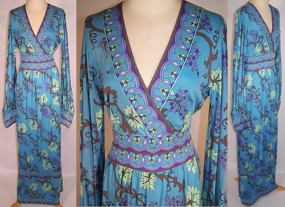 Vintage Emilio Pucci Blue Silk Grape Vine Leaf Long Boho Dress