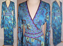 Vintage 1960s Emilio Pucci Blue Silk Grape Vine Leaf Long Boho Dress