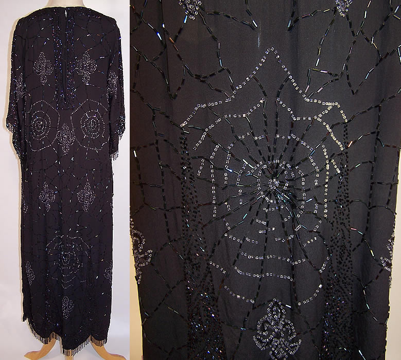 Vintage Art Deco Black Silk Spider Cob Web Fleur De Lis Beaded Flapper Dress back view close up of the front beading