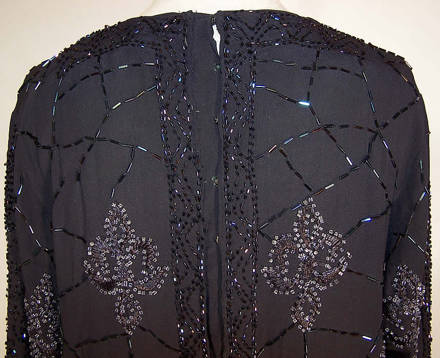 Vintage Art Deco Black Silk Spider Cob Web Fleur De Lis Beaded Flapper Dress back view close up