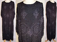 Vintage Art Deco Black Silk Spider Cob Web Fleur De Lis Beaded Flapper Dress