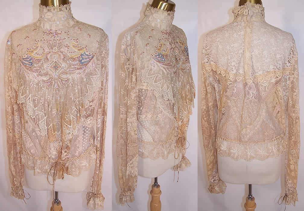 Vintage By Susan Antique Ecru Lace Beaded Trim Victorian Inspired Blouse Top