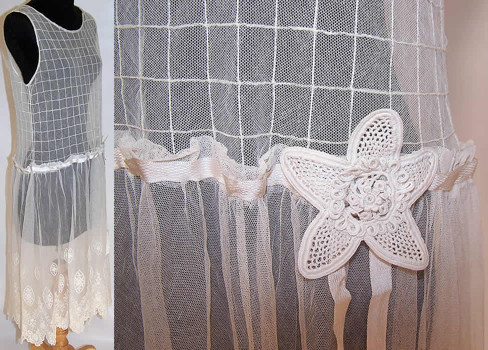 Vintage White Windowpane Check Net Lace Drop Waist Slip Dress side views