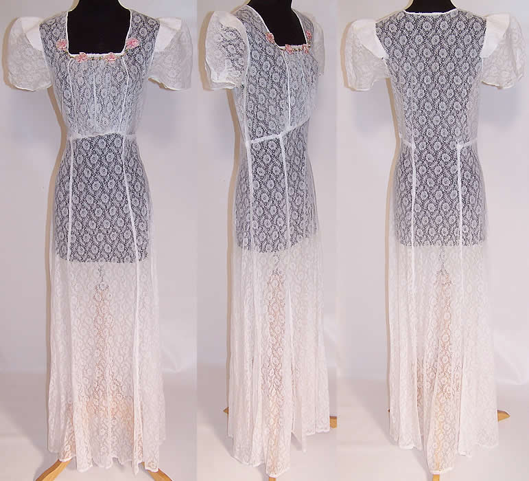 Vintage White Net Lace Pink Silk Rosette Bias Cut Long Dress Gown