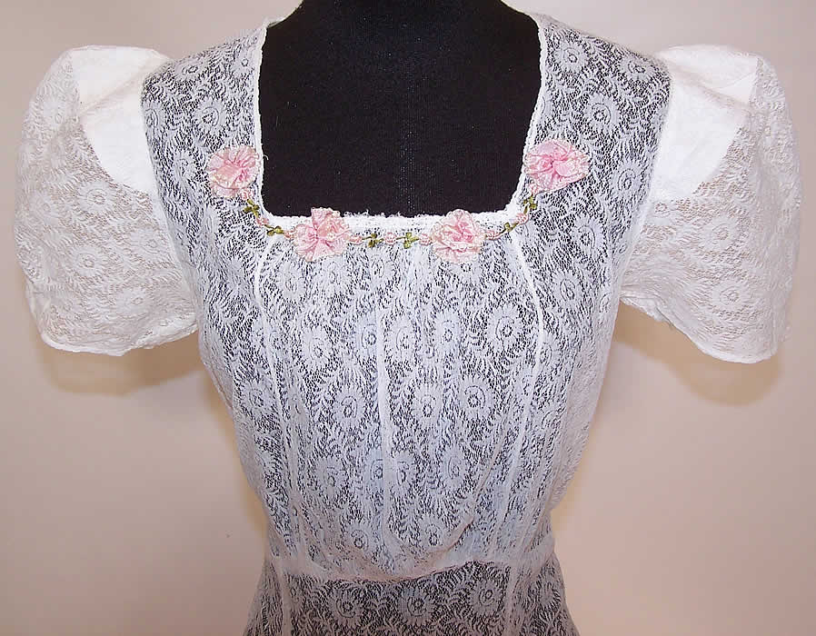 Vintage White Net Lace Pink Silk Rosette Bias Cut Long Dress Gown
