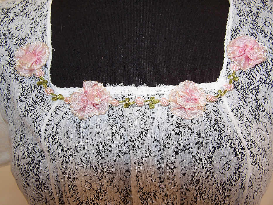 Vintage White Net Lace Pink Silk Rosette Bias Cut Long Dress Gown close up