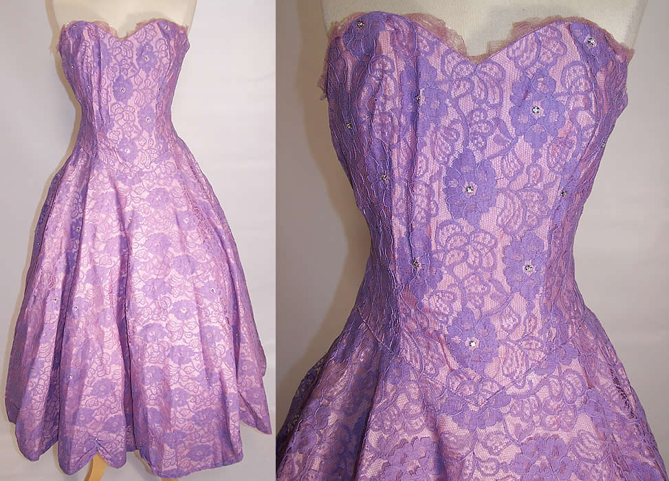 Vintage Purple Lace Rhinestone Strapless Formal Gown Circle Skirt Dress