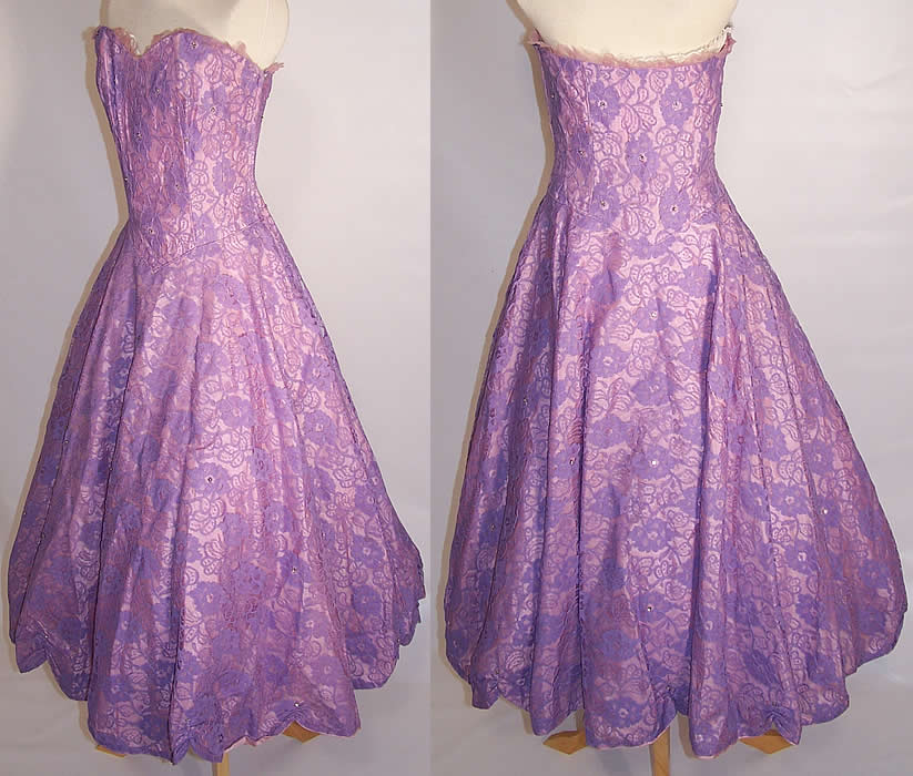 Vintage Purple Lace Rhinestone Strapless Formal Gown Circle Skirt Dress side  and back views