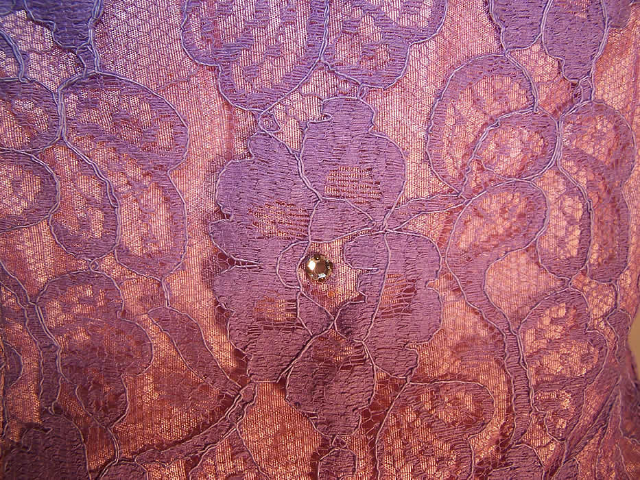 Vintage Purple Lace Rhinestone Strapless Formal Gown Circle Skirt Dress close up