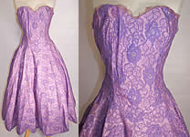 Vintage 1950s Purple Lace Rhinestone Strapless Formal Gown Circle Skirt Dress