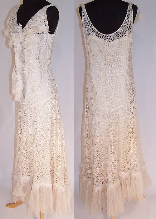 Vintage White Net Eyelet Lace Shawl Collar Bias Cut Dress & Slip