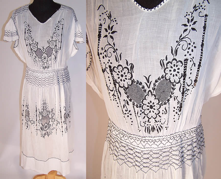 Vintage Black & White Batiste Floral Smocking Embroidered Boho Peasant Dress