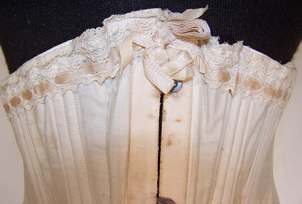 Victorian Her Majesty's Girdle White Cotton Lace Short Sporting Riding Corset close up