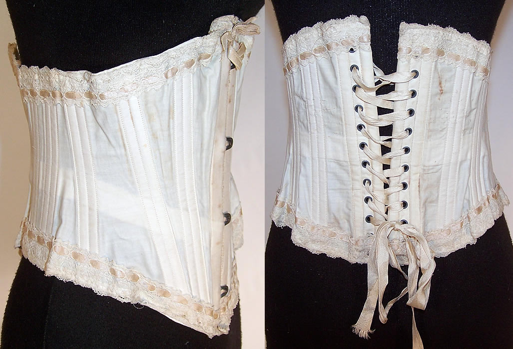 Victorian Her Majesty's Girdle White Cotton Lace Short Sporting Riding Corset side & back views