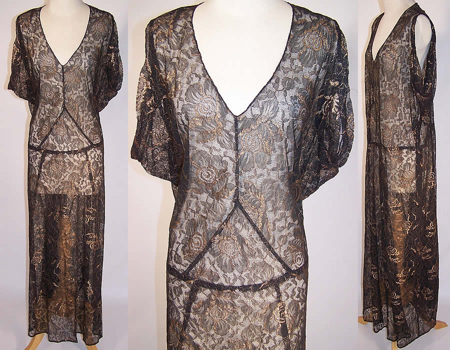 Vintage Black Lace Gold Metallic Lam&eacute; Bias Cut Evening Gown Dress